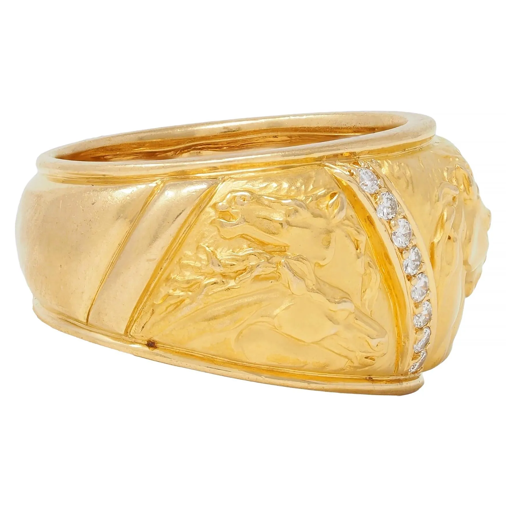 Carrera y Carrera 1990's Diamond 18 Karat Yellow Gold Repoussé Horse Vintage Band Ring