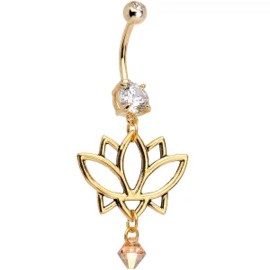 Clear Gem Gold Lotus Flower Dangle Belly Ring Created with Crystals