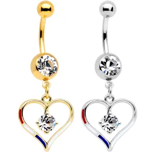 Clear Gem Gold PVD Red White and Blue Heart Belly Ring Set of 2