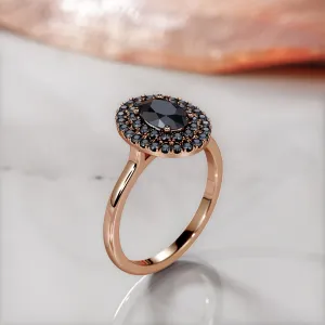 Cocoon Double Halo Natural Black Diamond Oval Engagement Ring