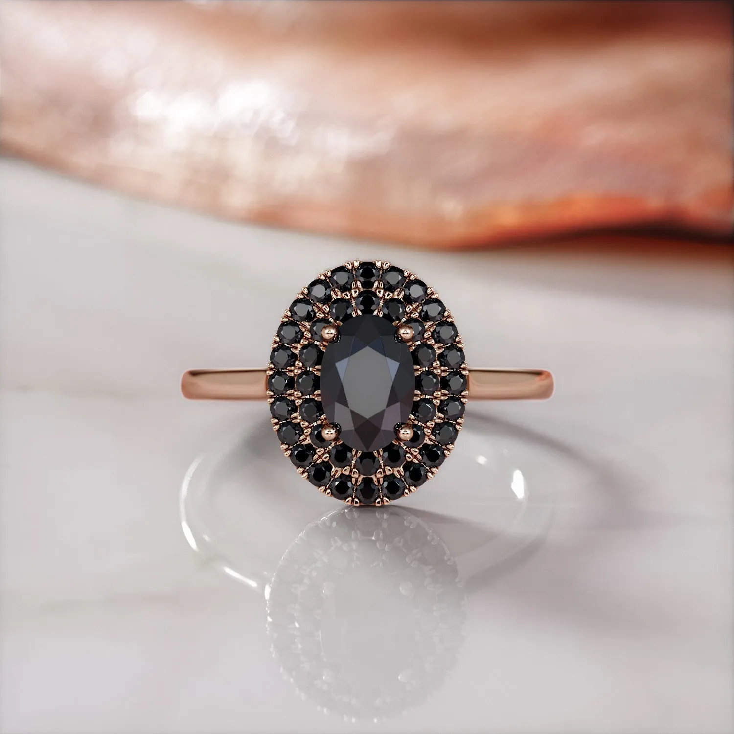 Cocoon Double Halo Natural Black Diamond Oval Engagement Ring