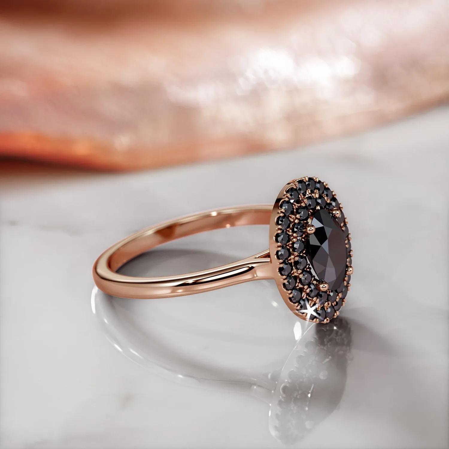 Cocoon Double Halo Natural Black Diamond Oval Engagement Ring