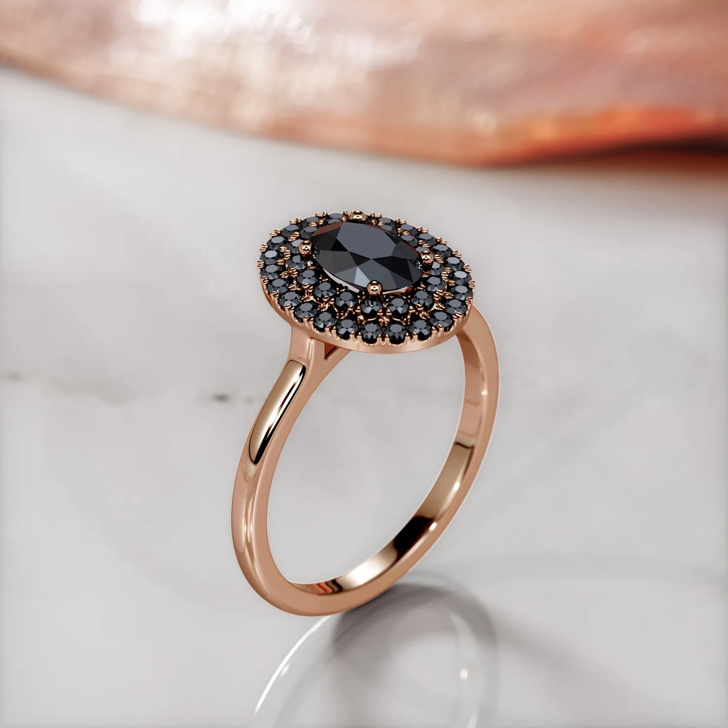 Cocoon Double Halo Natural Black Diamond Oval Engagement Ring