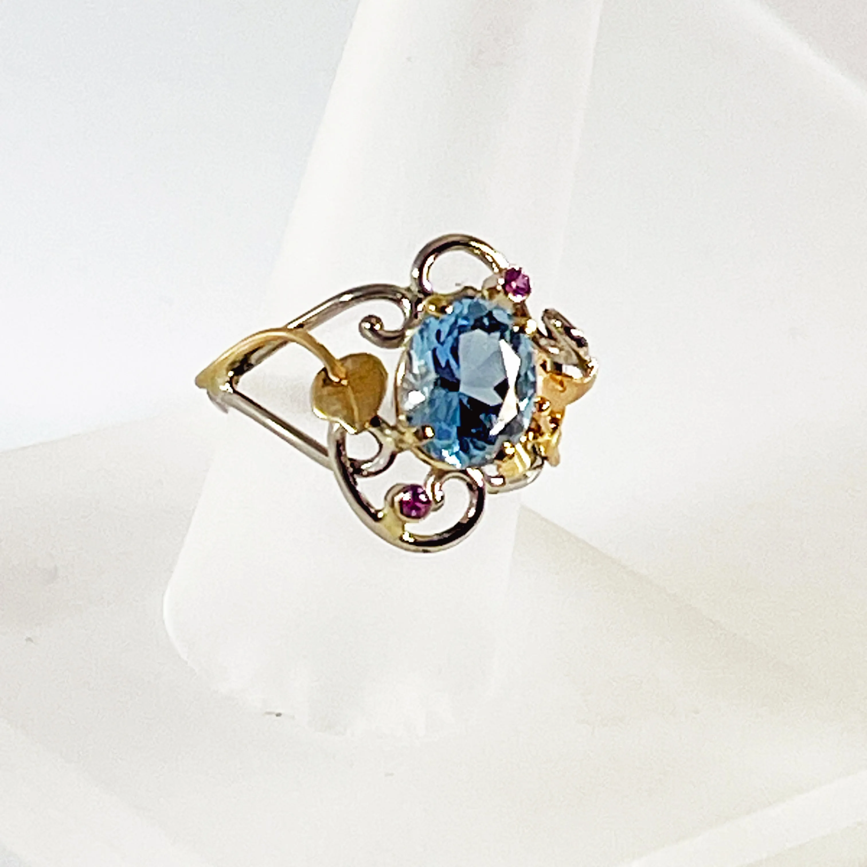 Cole Sheckler Ring - Aquamarine and Pink Sapphires in 14kt White Gold Scrolls w/ Yellow Gold Flowers and Leaves