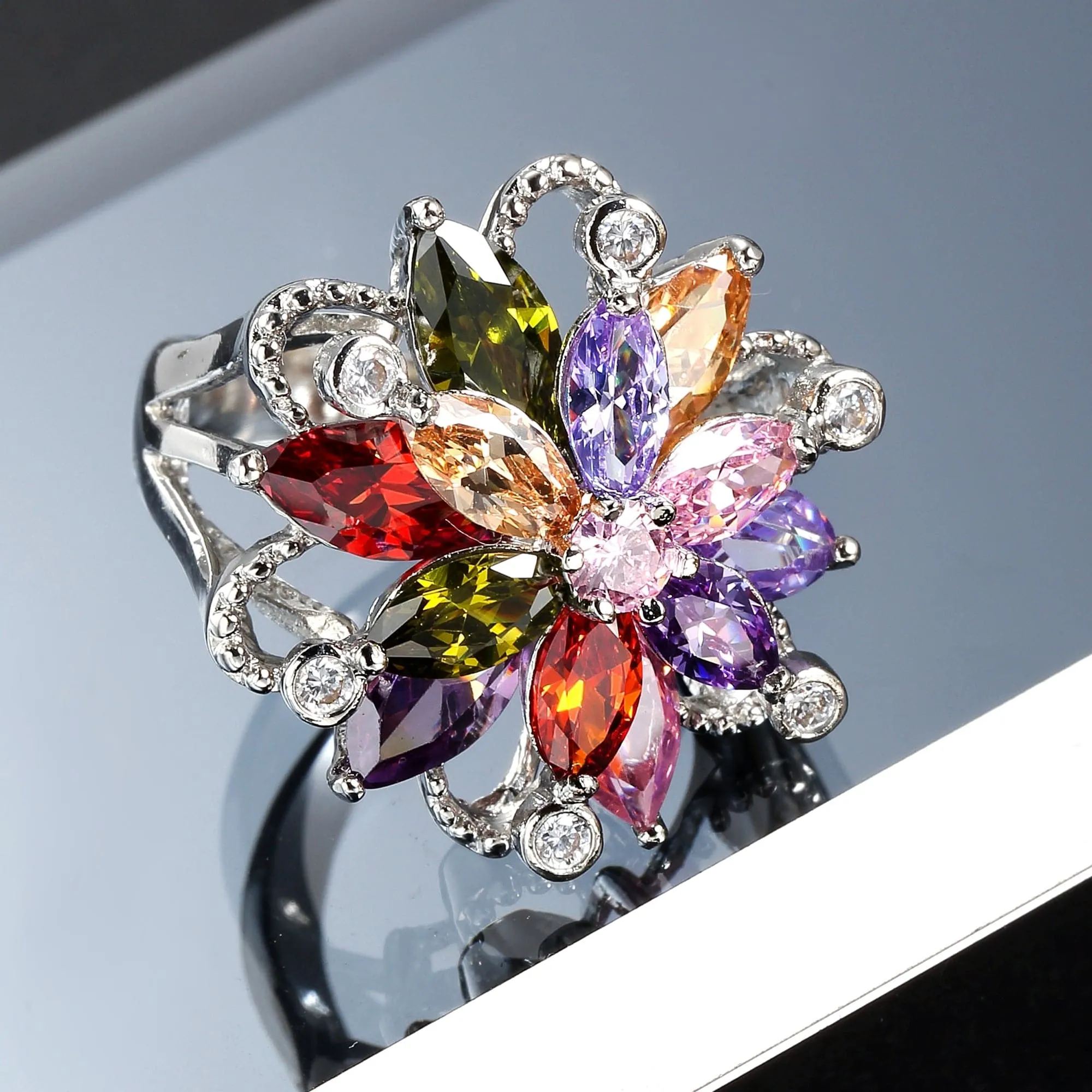 Colorful Crystal & Cubic Zirconia Flower Marquise-Cut Ring