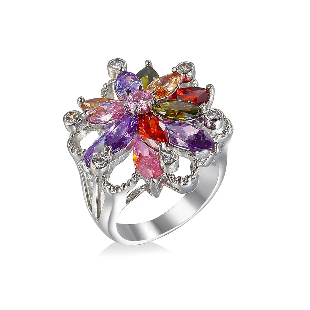 Colorful Crystal & Cubic Zirconia Flower Marquise-Cut Ring
