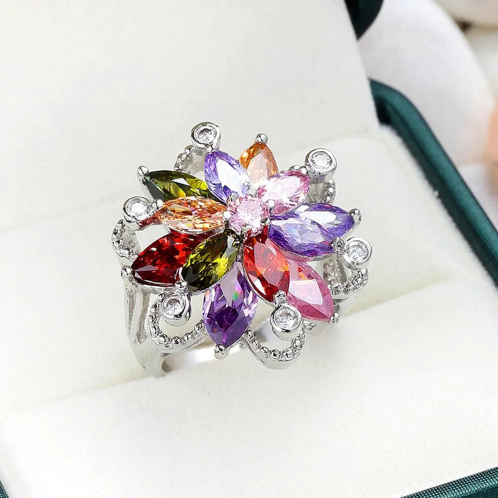 Colorful Crystal & Cubic Zirconia Flower Marquise-Cut Ring