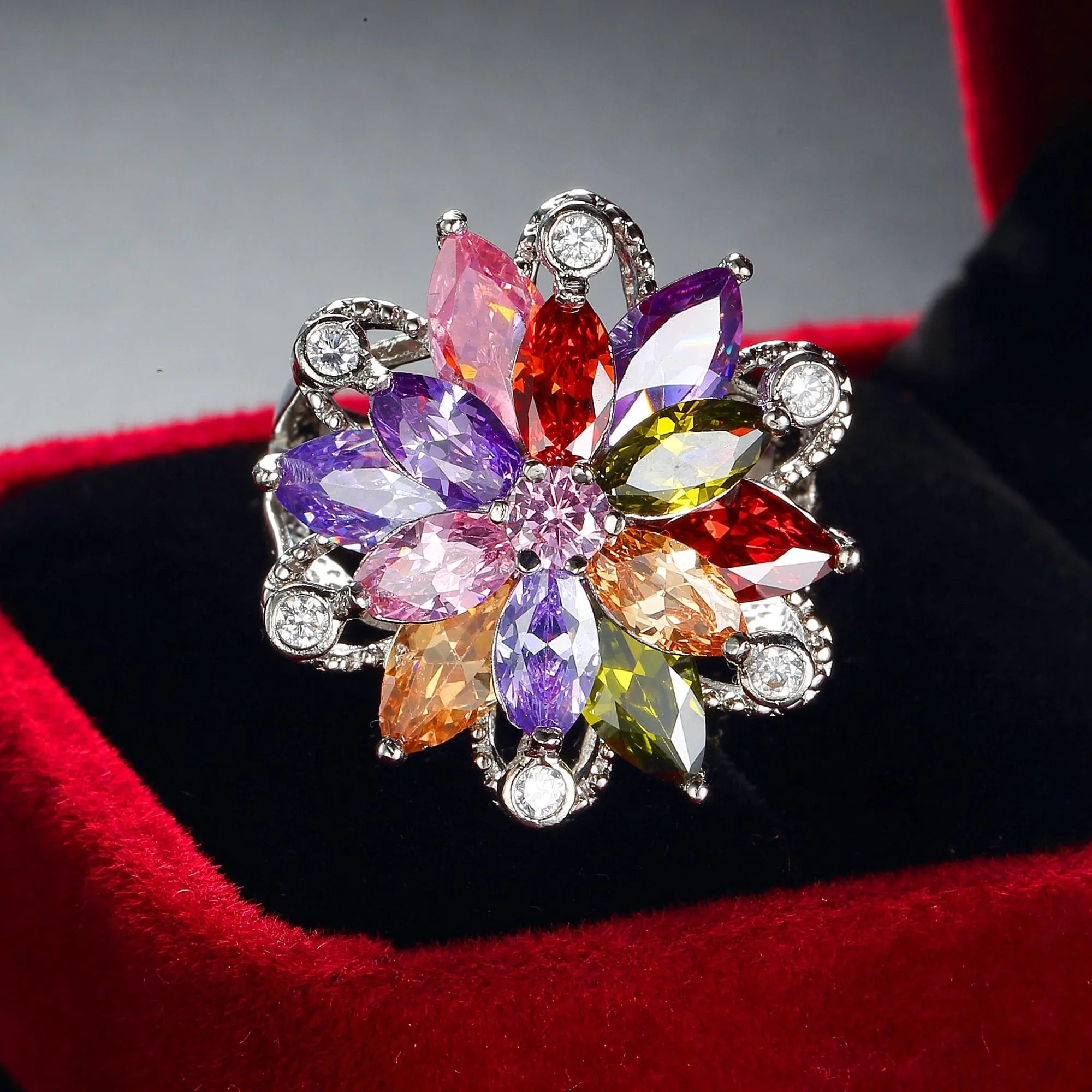 Colorful Crystal & Cubic Zirconia Flower Marquise-Cut Ring