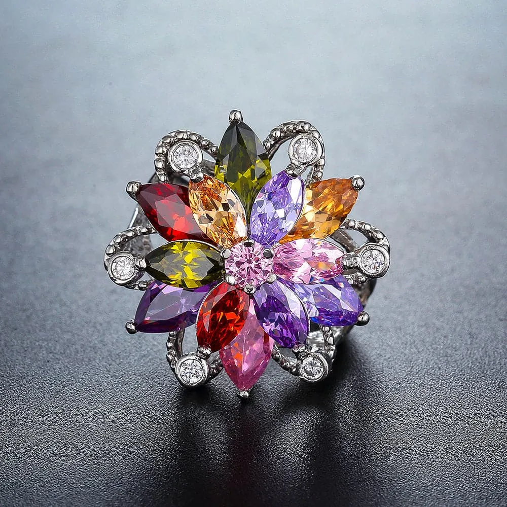 Colorful Crystal & Cubic Zirconia Flower Marquise-Cut Ring