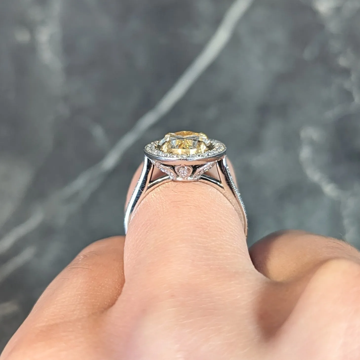 Contemporary 3.17 CTW Yellow Diamond Platinum 18 Karat Gold Halo Engagement Ring GIA