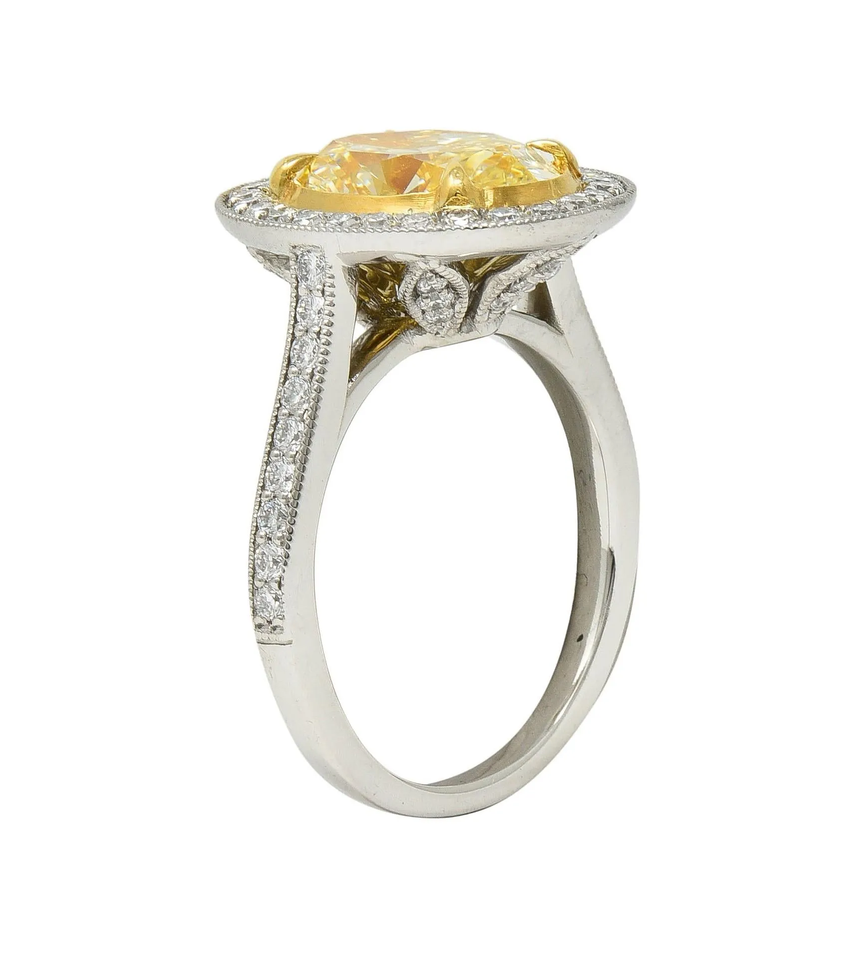 Contemporary 3.17 CTW Yellow Diamond Platinum 18 Karat Gold Halo Engagement Ring GIA