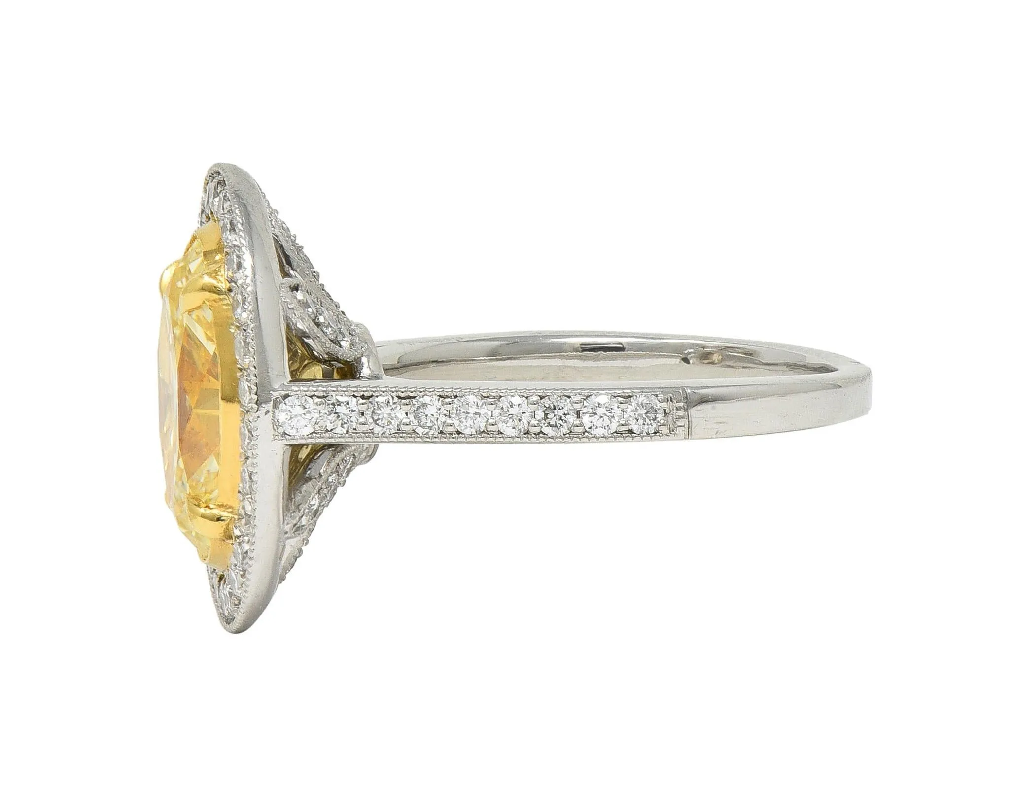 Contemporary 3.17 CTW Yellow Diamond Platinum 18 Karat Gold Halo Engagement Ring GIA