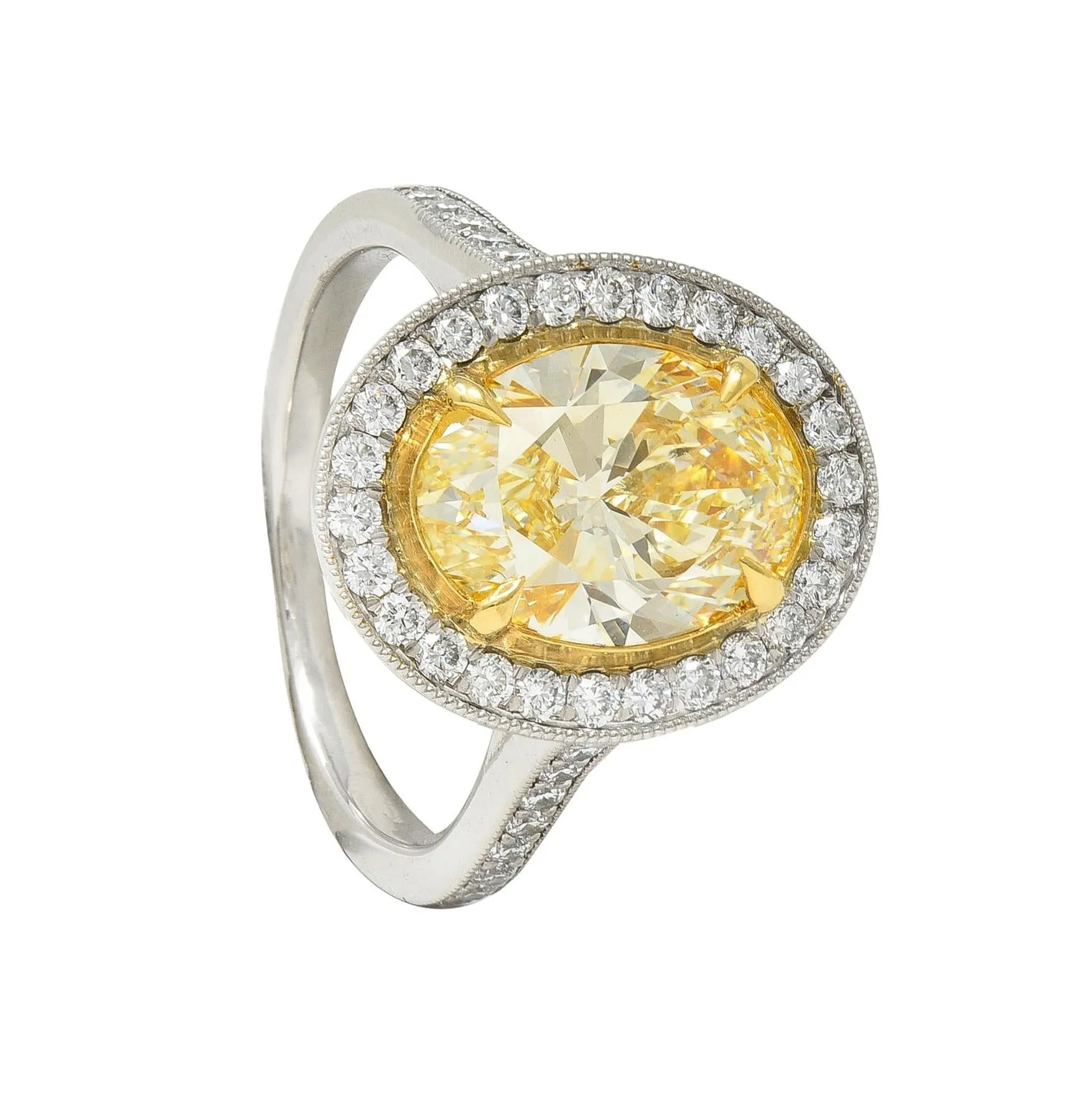 Contemporary 3.17 CTW Yellow Diamond Platinum 18 Karat Gold Halo Engagement Ring GIA