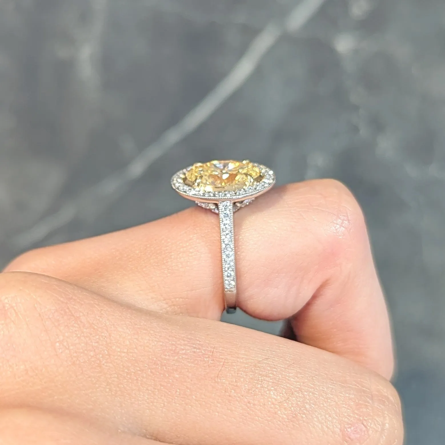 Contemporary 3.17 CTW Yellow Diamond Platinum 18 Karat Gold Halo Engagement Ring GIA