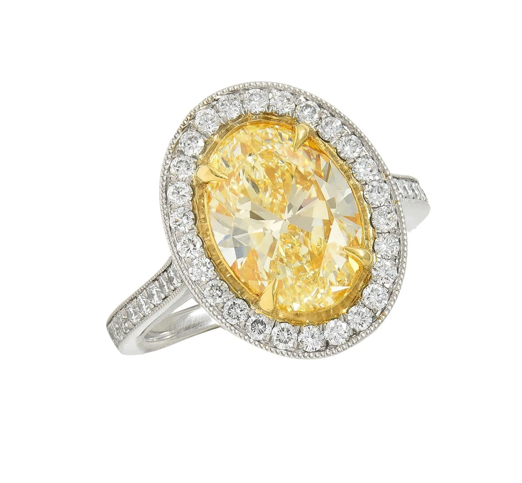 Contemporary 3.17 CTW Yellow Diamond Platinum 18 Karat Gold Halo Engagement Ring GIA