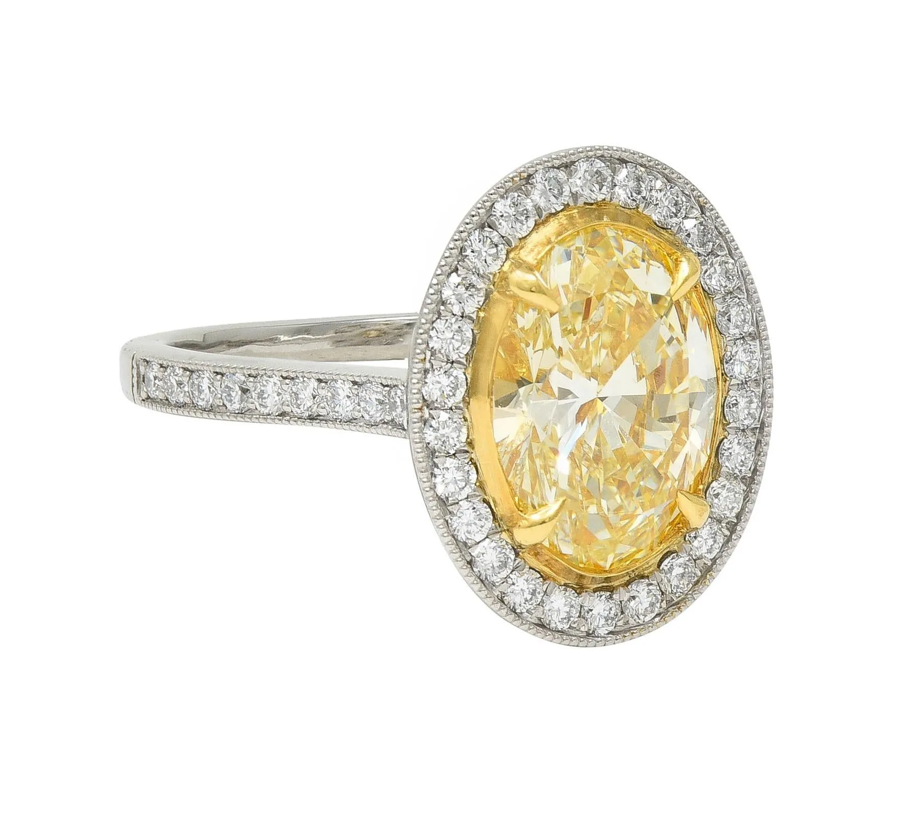 Contemporary 3.17 CTW Yellow Diamond Platinum 18 Karat Gold Halo Engagement Ring GIA