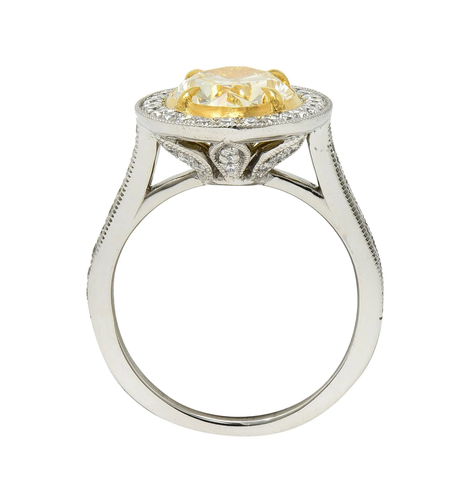 Contemporary 3.17 CTW Yellow Diamond Platinum 18 Karat Gold Halo Engagement Ring GIA