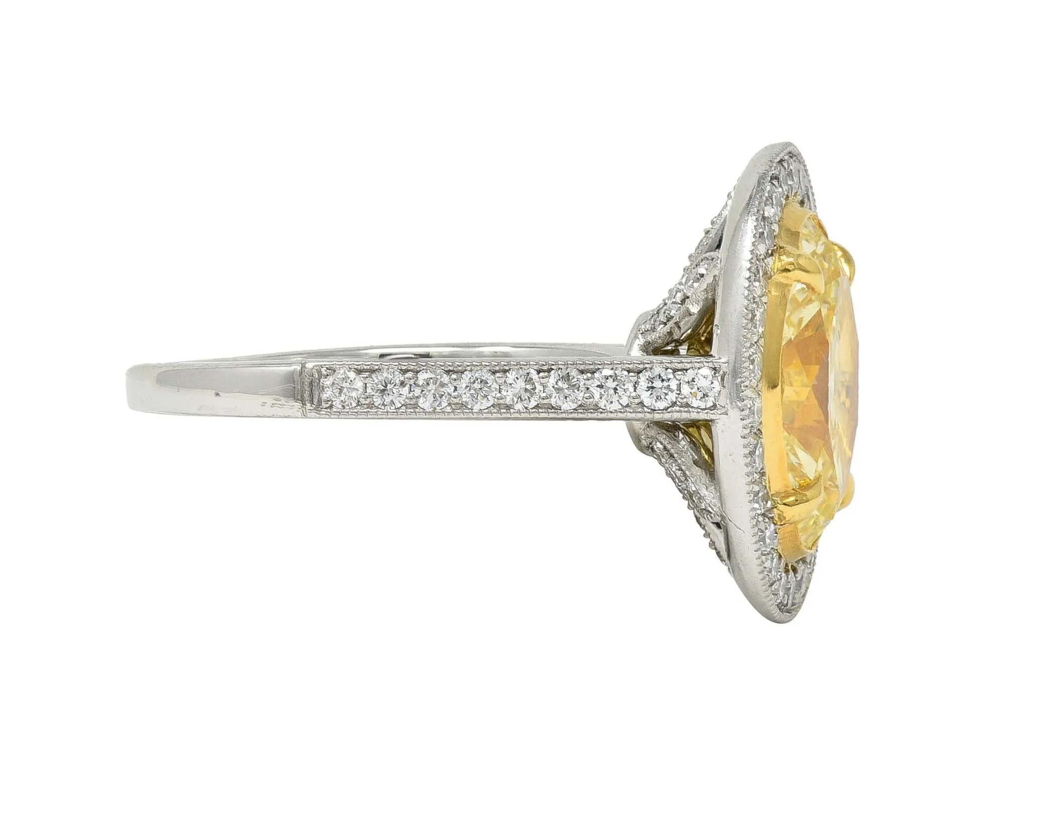 Contemporary 3.17 CTW Yellow Diamond Platinum 18 Karat Gold Halo Engagement Ring GIA