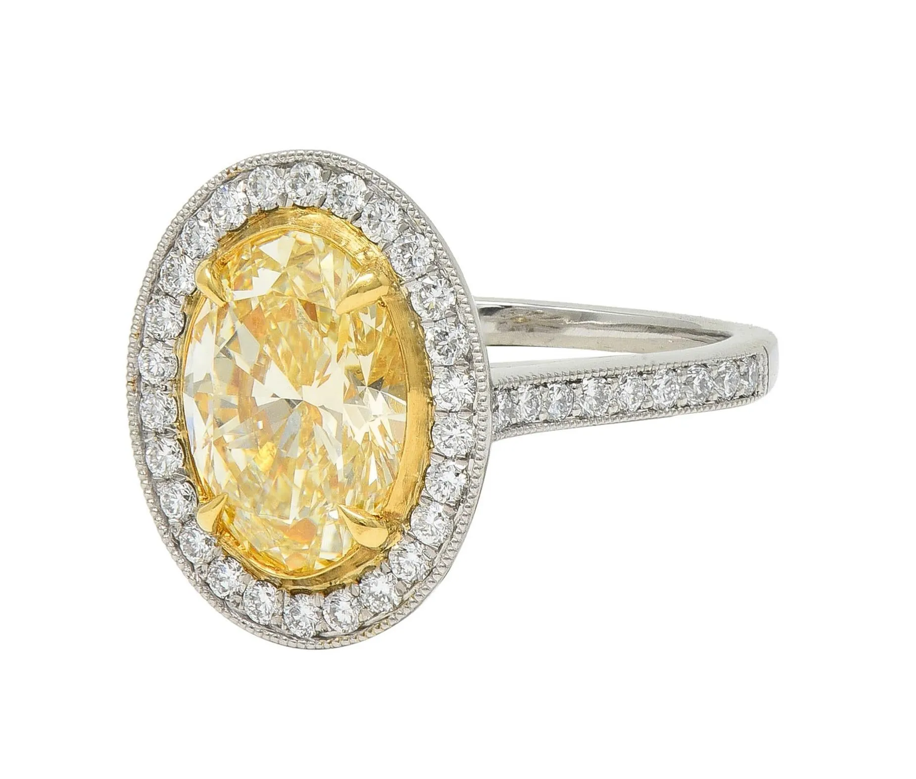 Contemporary 3.17 CTW Yellow Diamond Platinum 18 Karat Gold Halo Engagement Ring GIA