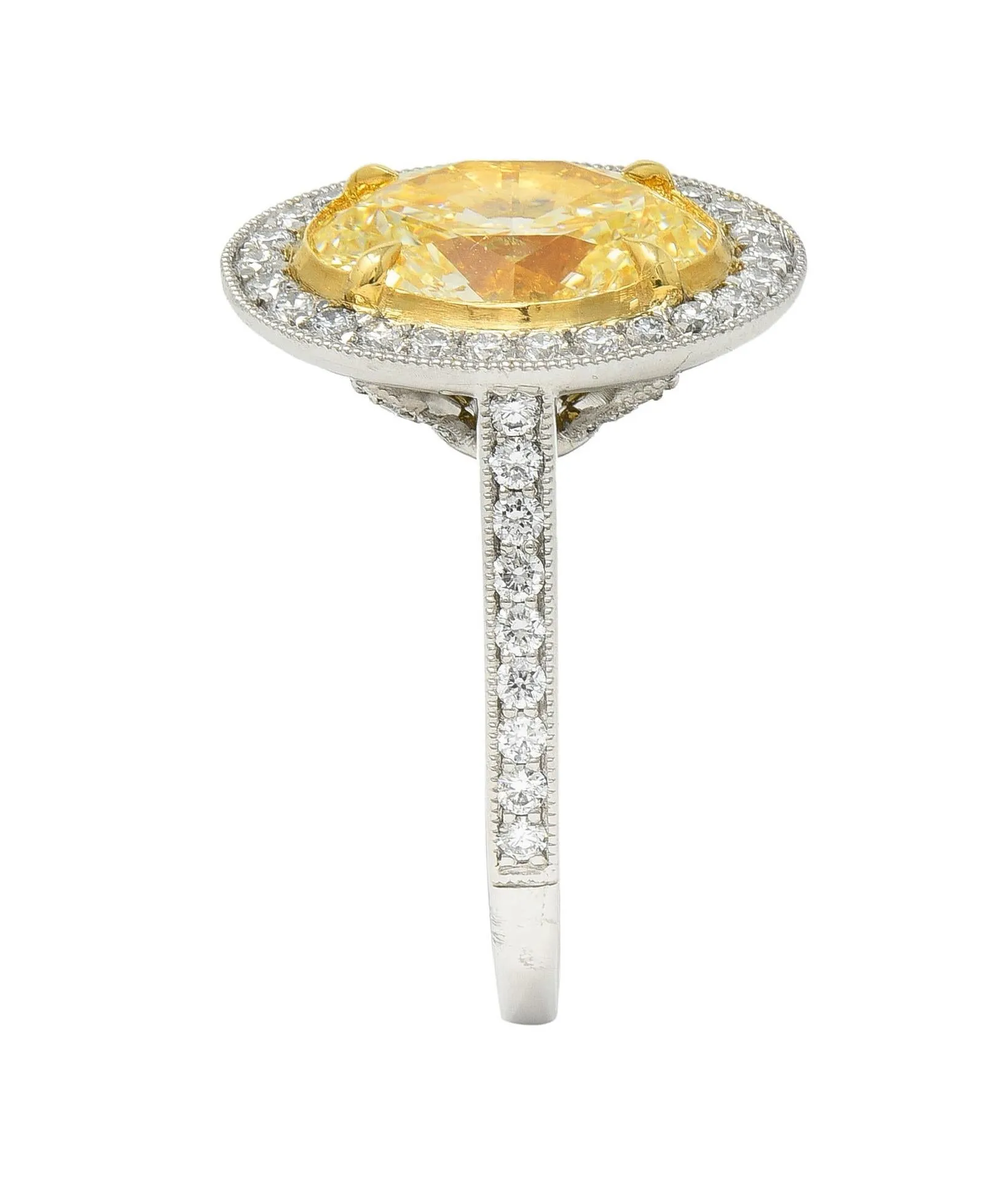 Contemporary 3.17 CTW Yellow Diamond Platinum 18 Karat Gold Halo Engagement Ring GIA
