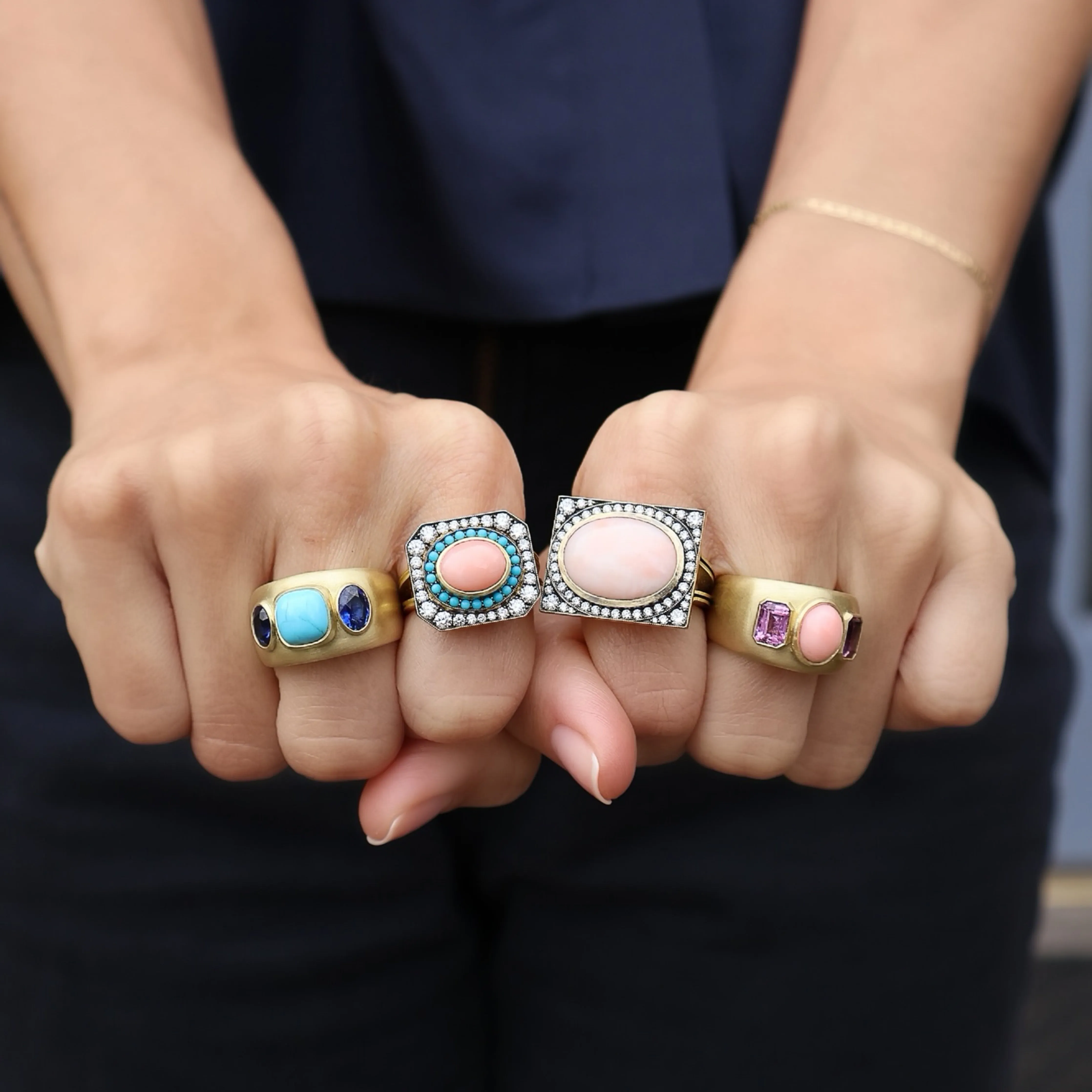 Coral & Pink Sapphire Three Stone Ring