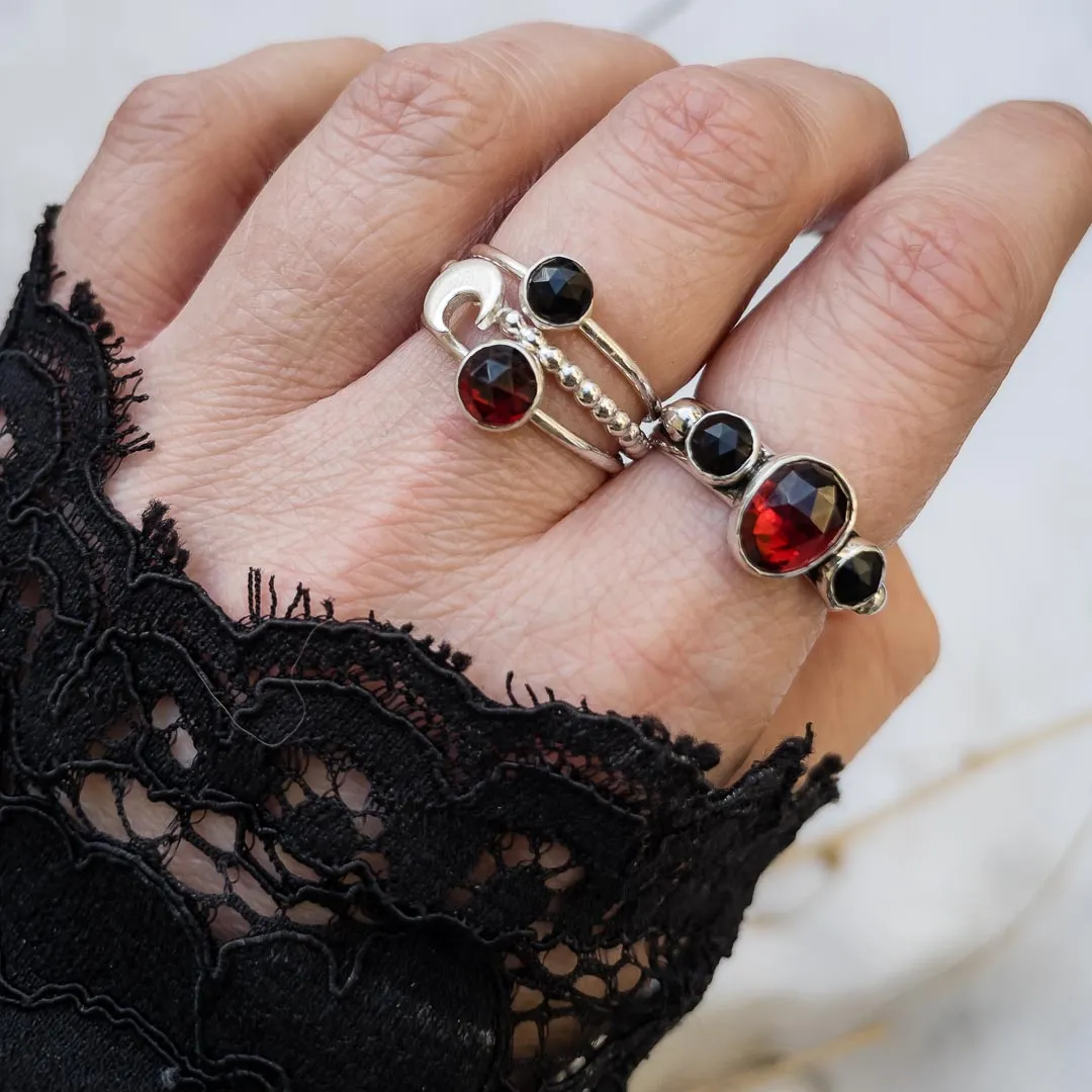 Crescent Moon Garnet and Black Onyx Stacking Rings