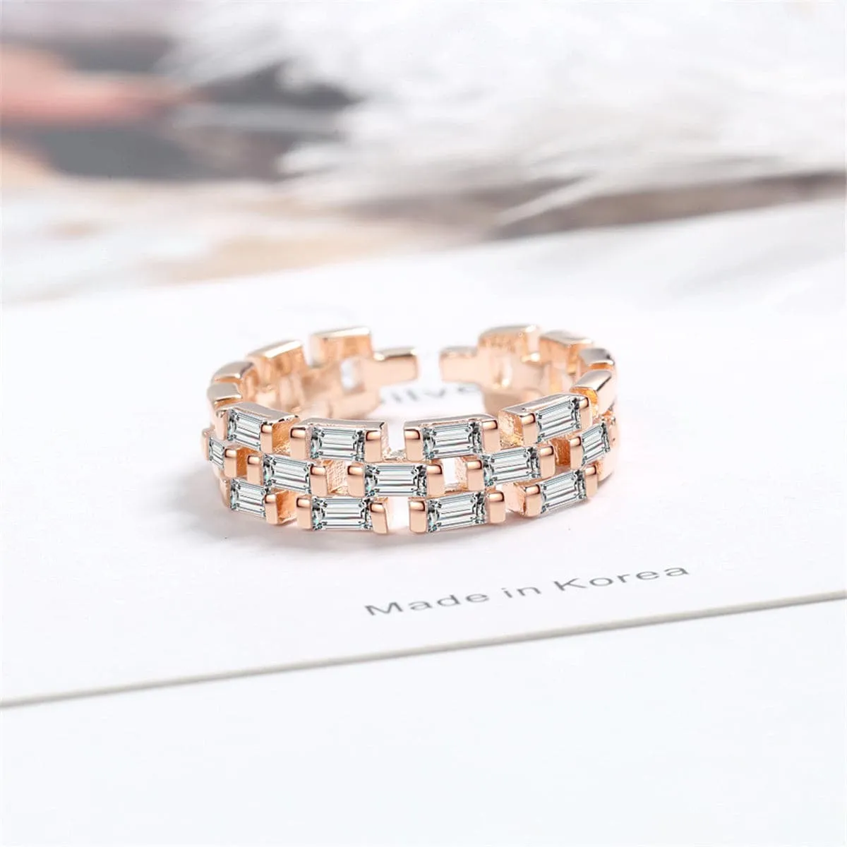 Crystal & 18K Rose Gold-Plated Baguette-Cut Adjustable Band Ring