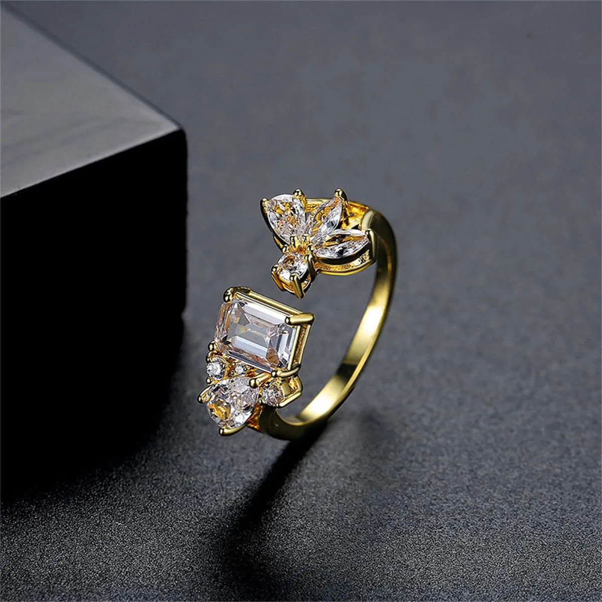 Crystal & Cubic Zirconia 18K Gold-Plated Botanical Open Ring