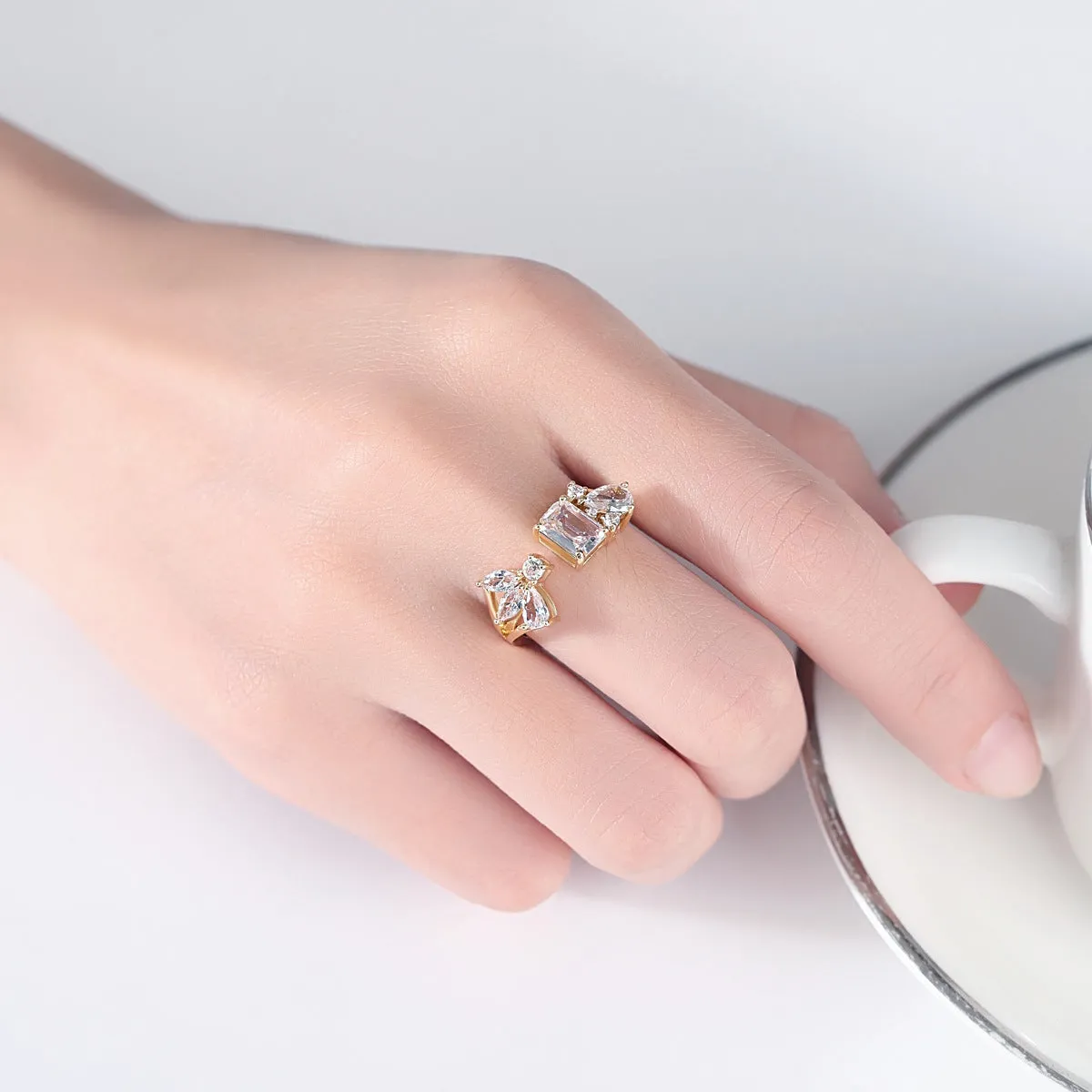 Crystal & Cubic Zirconia 18K Gold-Plated Botanical Open Ring