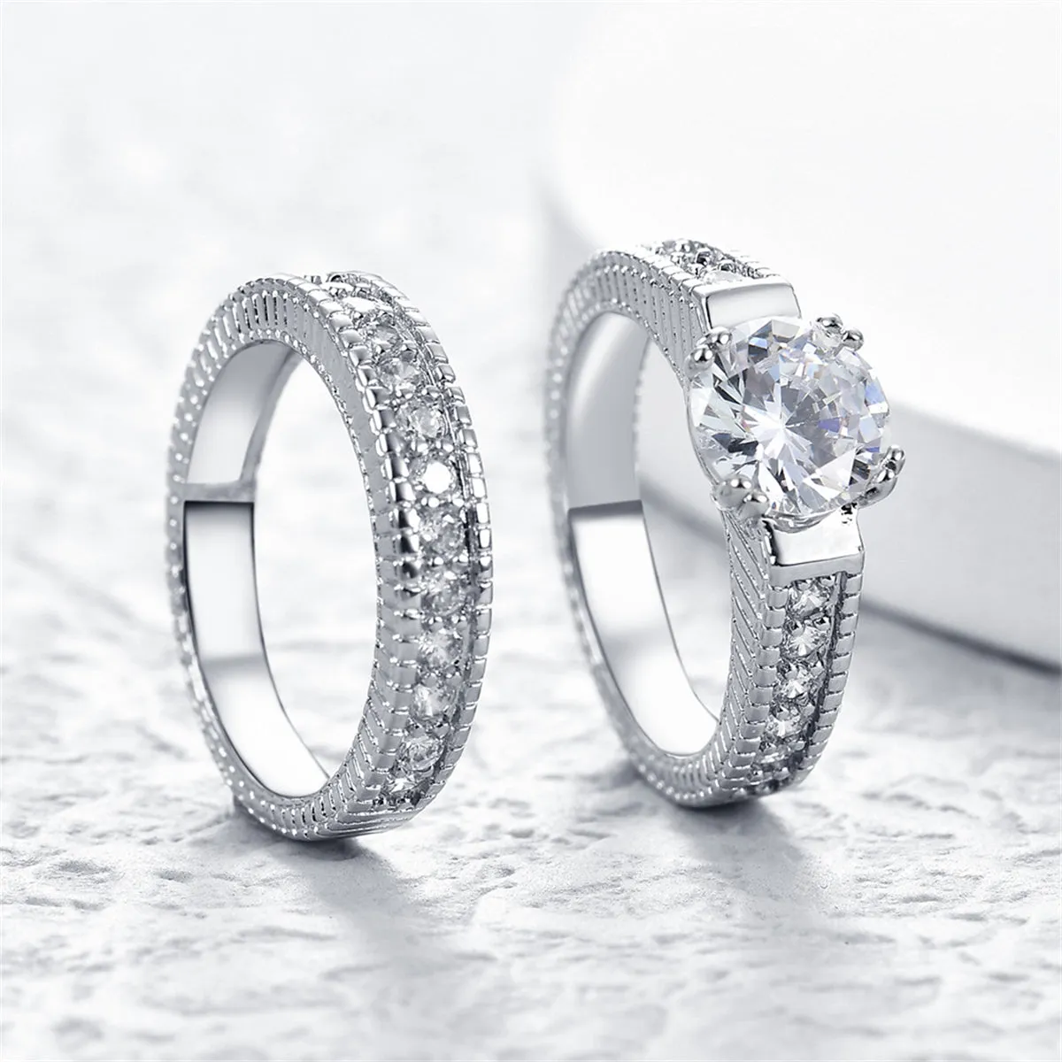 Crystal & Cubic Zirconia Silver-Plated  Round Ring & Pavé Band