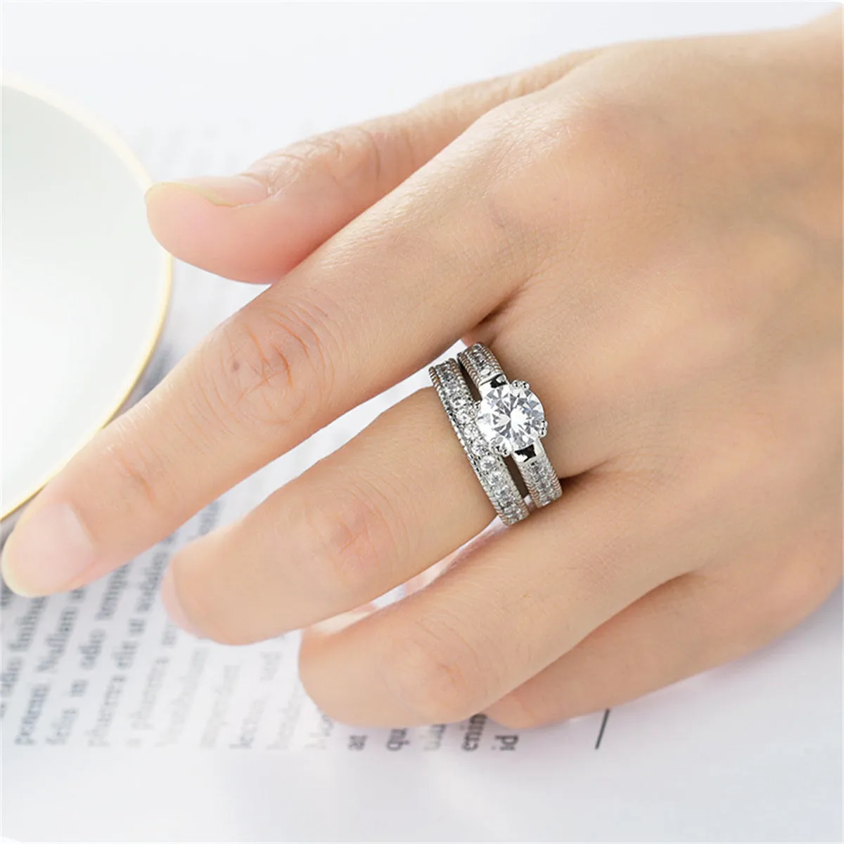 Crystal & Cubic Zirconia Silver-Plated  Round Ring & Pavé Band