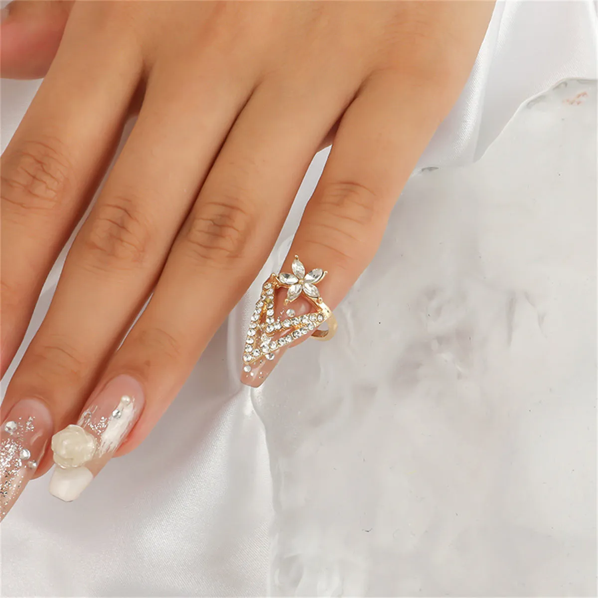 Crystal & Cubic Zirconia Triangle Floral Bypass Midi Ring