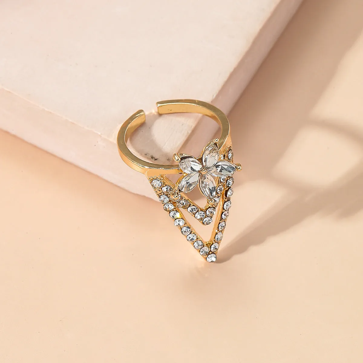 Crystal & Cubic Zirconia Triangle Floral Bypass Midi Ring