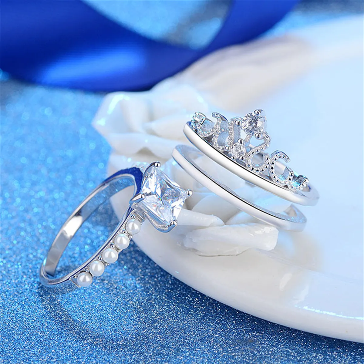 Crystal & Pearl Silver-Plated Princess-Cut Ring & Band Set