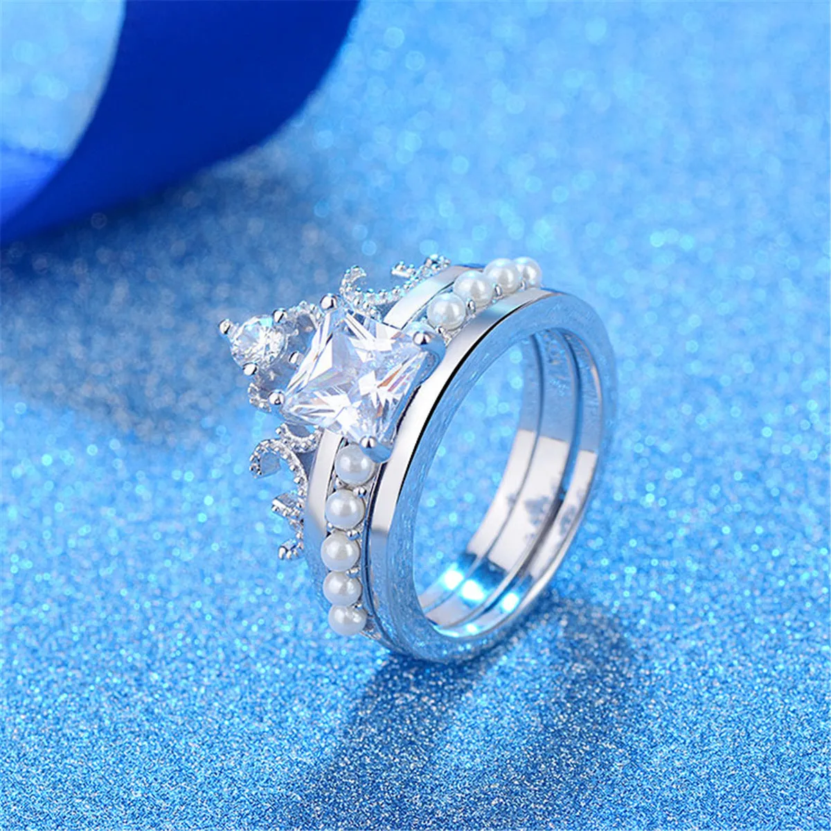 Crystal & Pearl Silver-Plated Princess-Cut Ring & Band Set