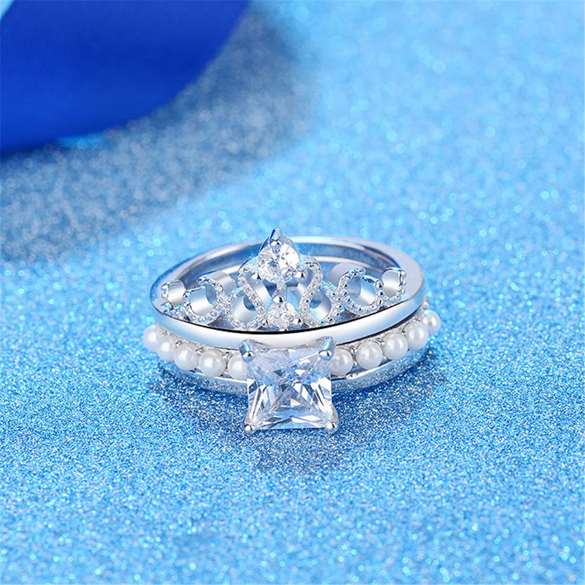 Crystal & Pearl Silver-Plated Princess-Cut Ring & Band Set