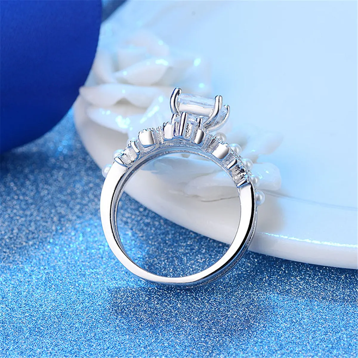 Crystal & Pearl Silver-Plated Princess-Cut Ring & Band Set