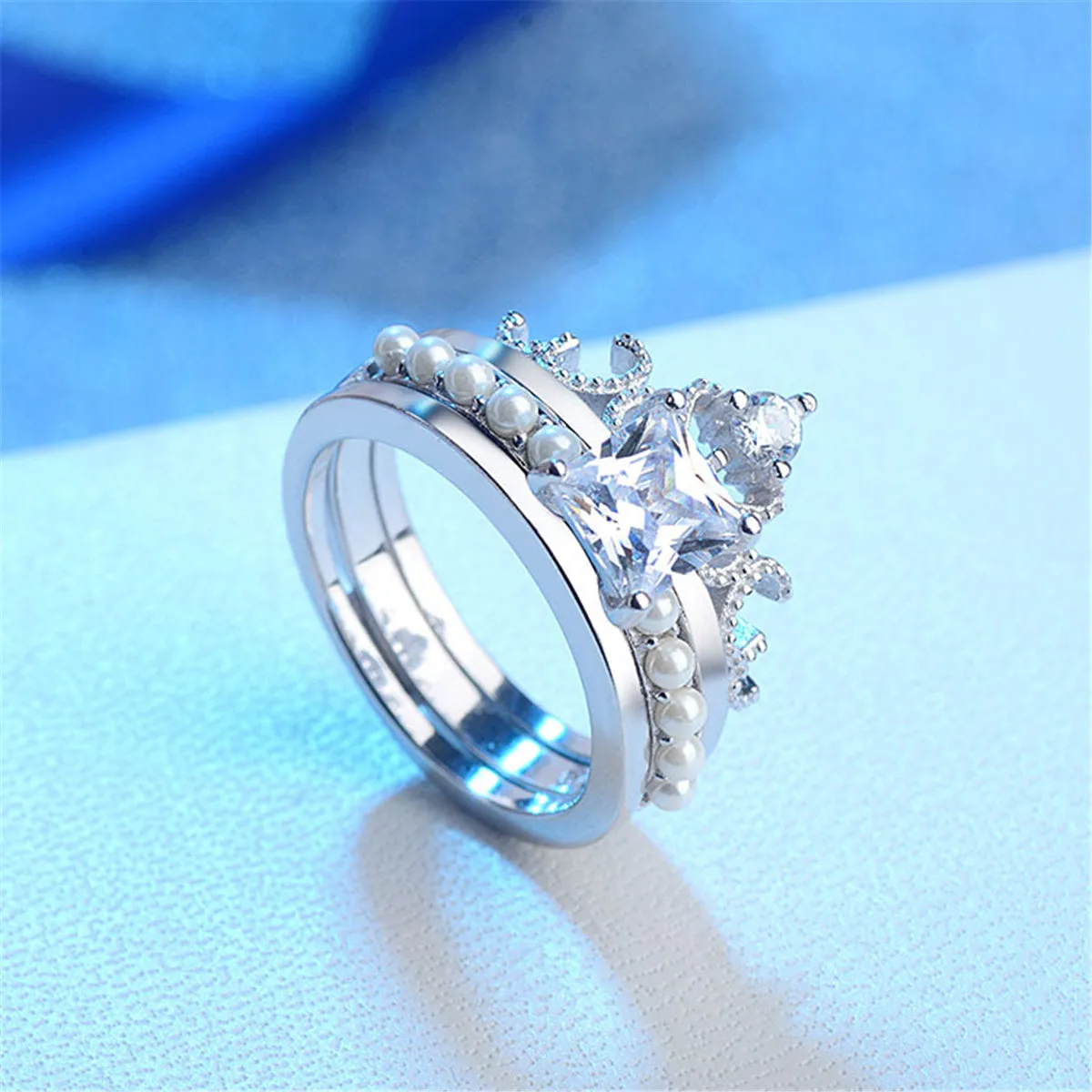 Crystal & Pearl Silver-Plated Princess-Cut Ring & Band Set
