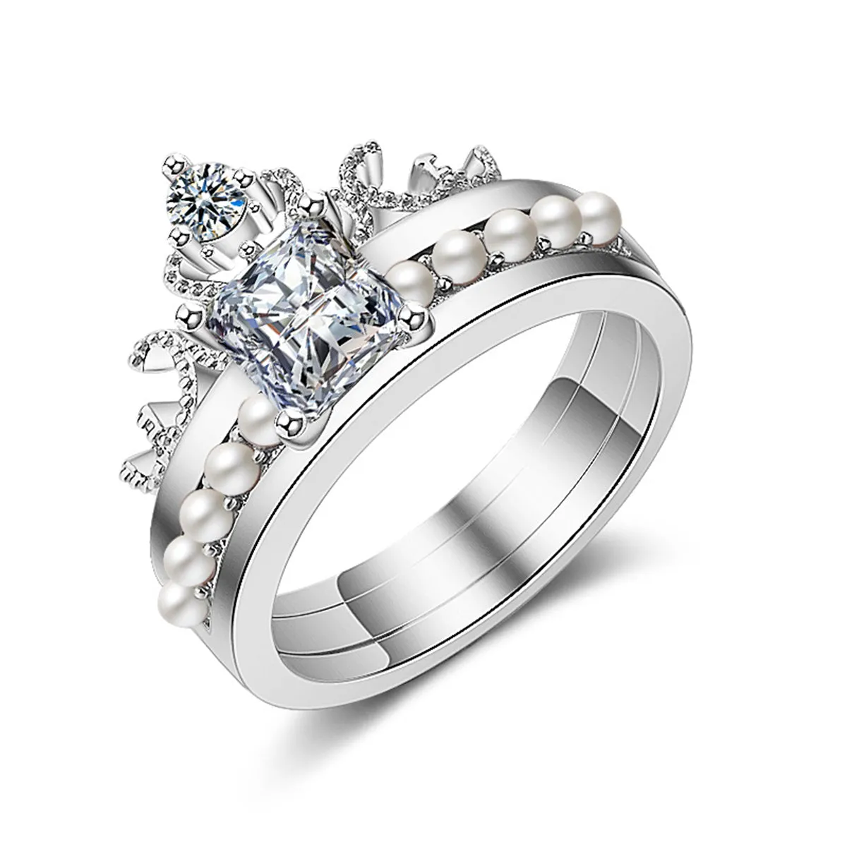 Crystal & Pearl Silver-Plated Princess-Cut Ring & Band Set