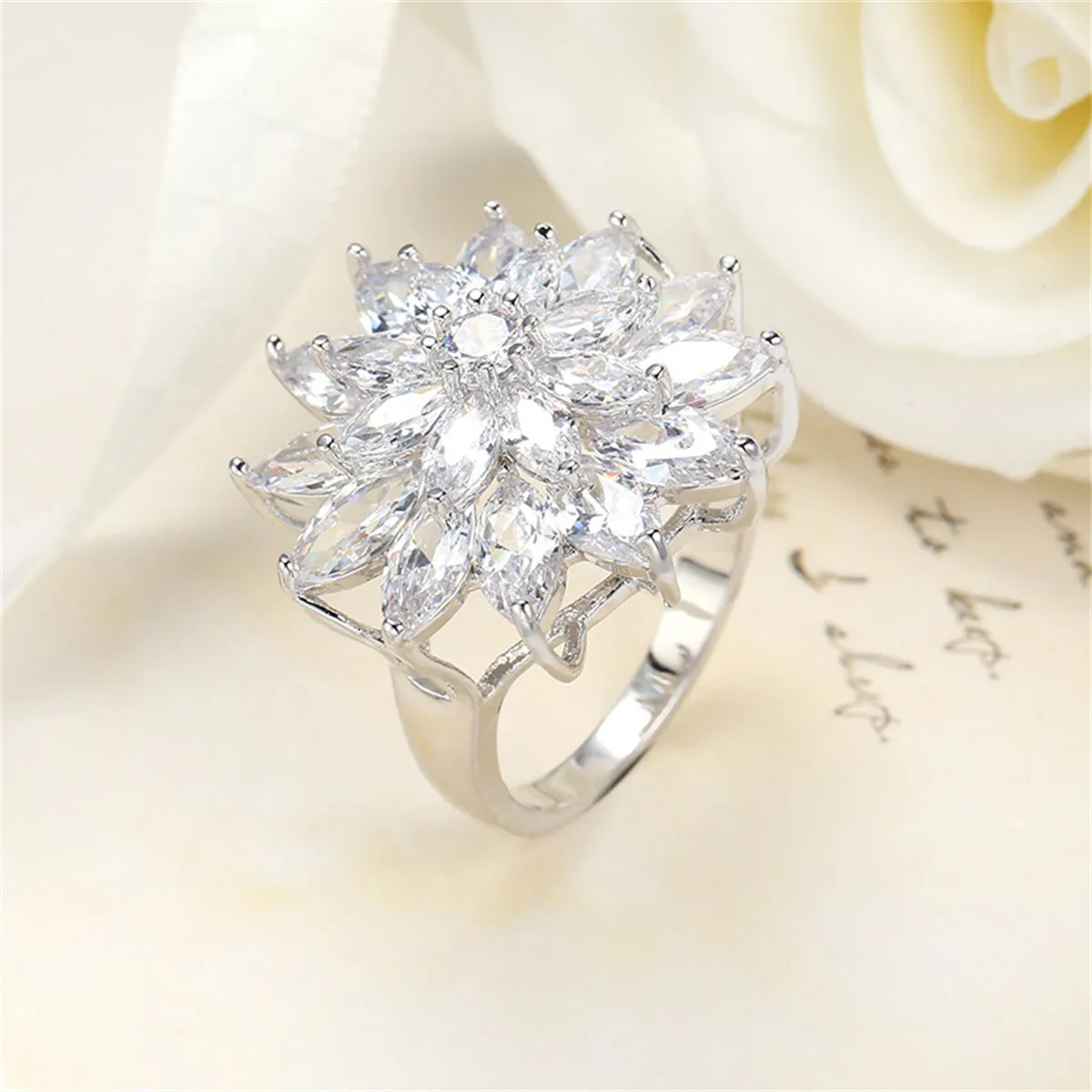 Crystal & Silver-Plated Flower Ring