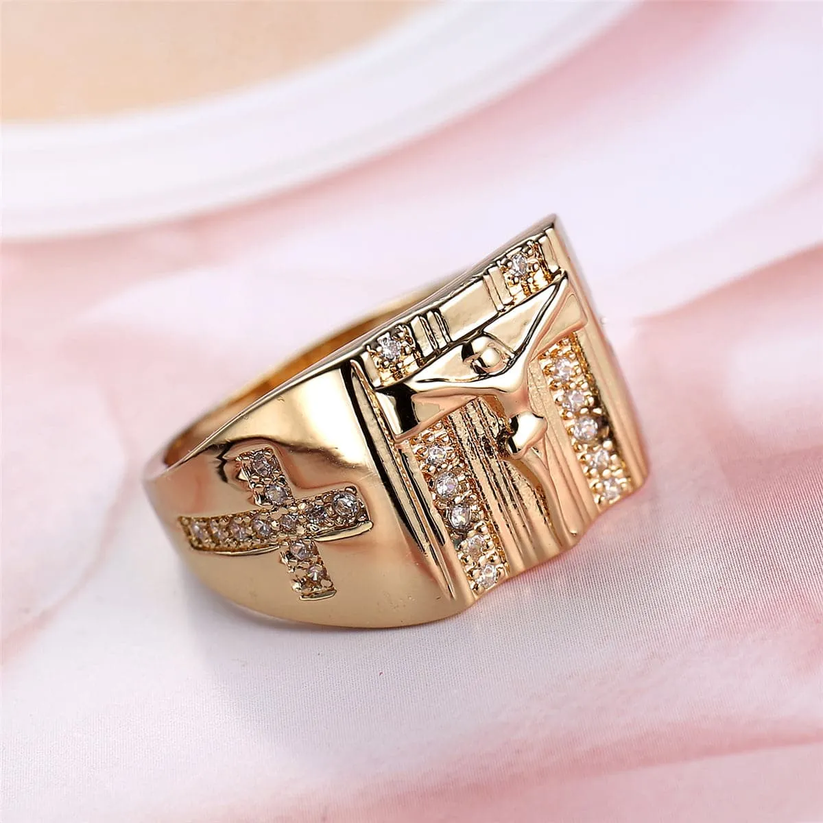 Cubic Zirconia & 18K Gold-Plated Cross Ring