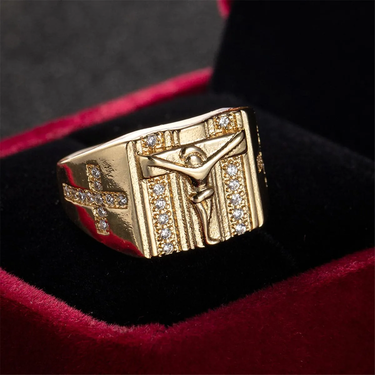Cubic Zirconia & 18K Gold-Plated Cross Ring