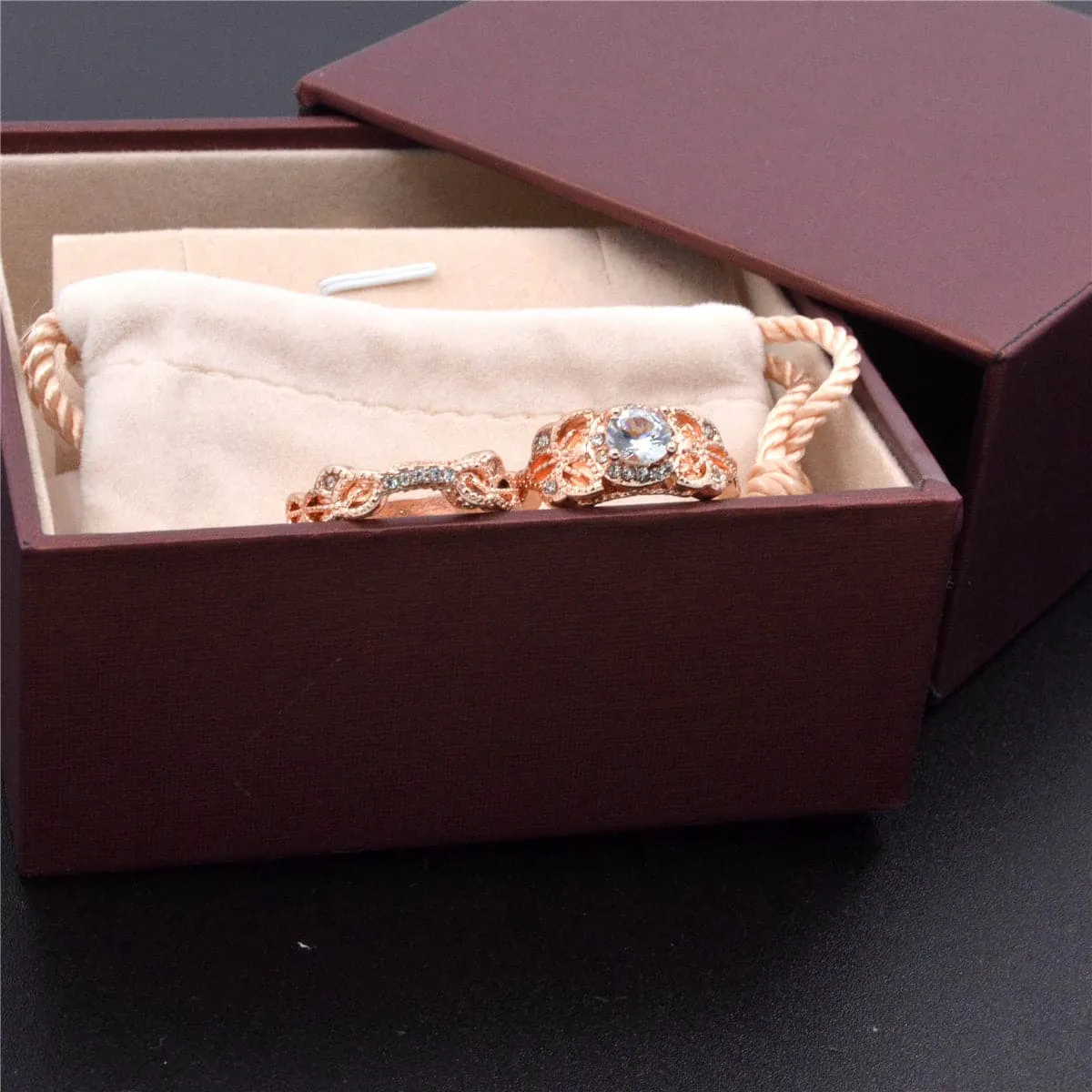 Cubic Zirconia & 18K Rose Gold-Plated Floral Ring Set