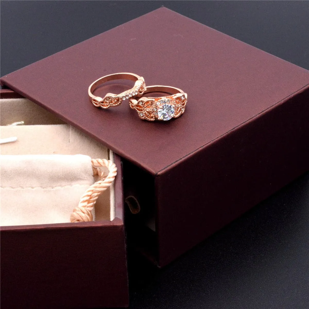 Cubic Zirconia & 18K Rose Gold-Plated Floral Ring Set