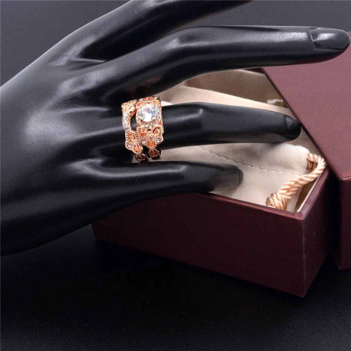 Cubic Zirconia & 18K Rose Gold-Plated Floral Ring Set