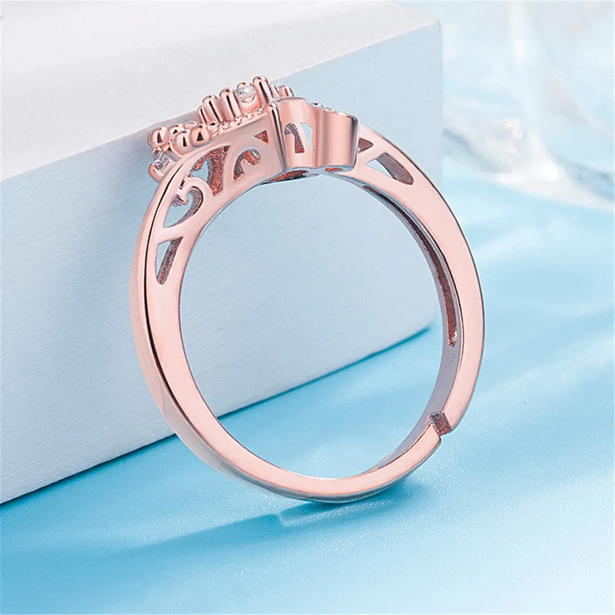 Cubic Zirconia & 18K Rose Gold-Plated Heart Adjustable Ring