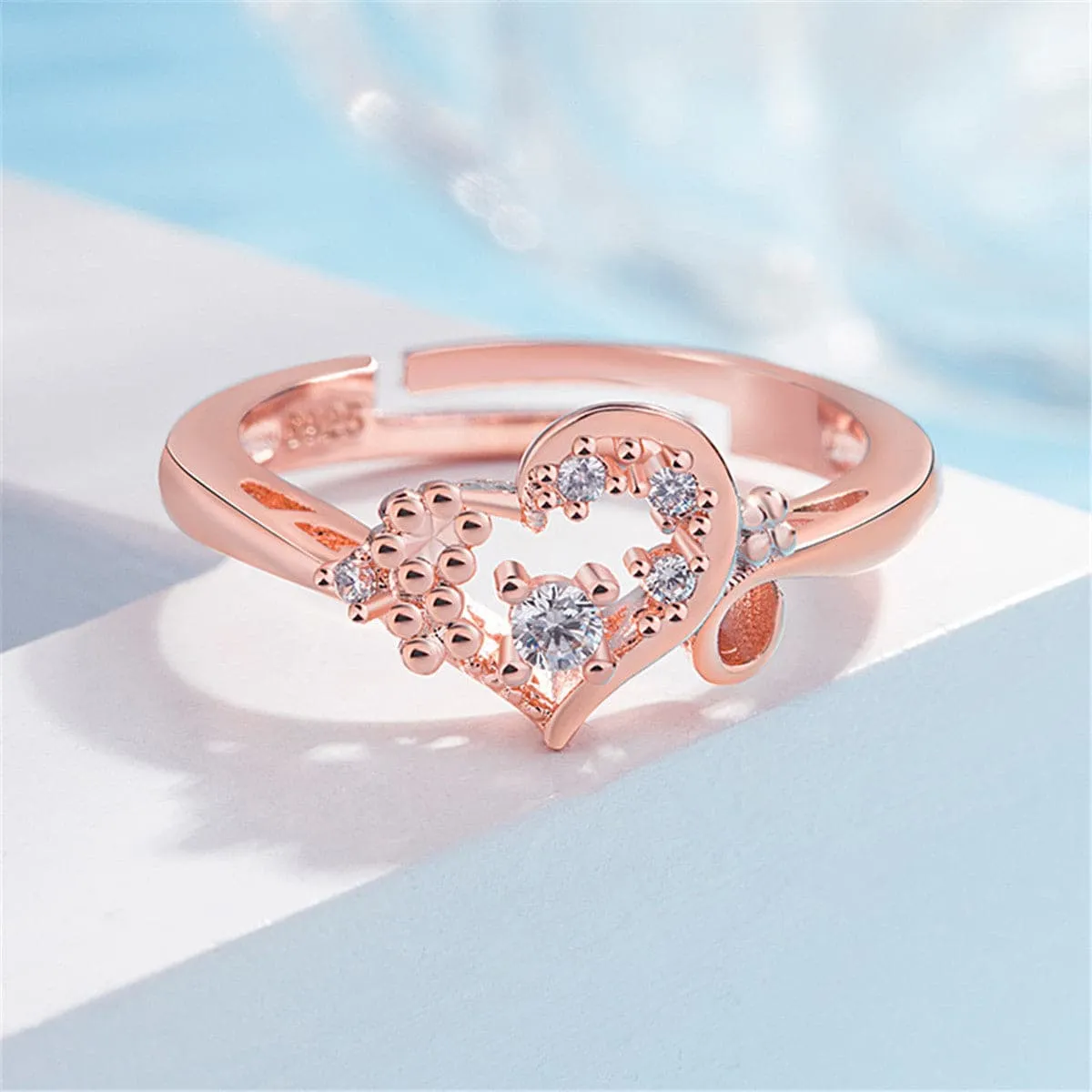 Cubic Zirconia & 18K Rose Gold-Plated Heart Adjustable Ring