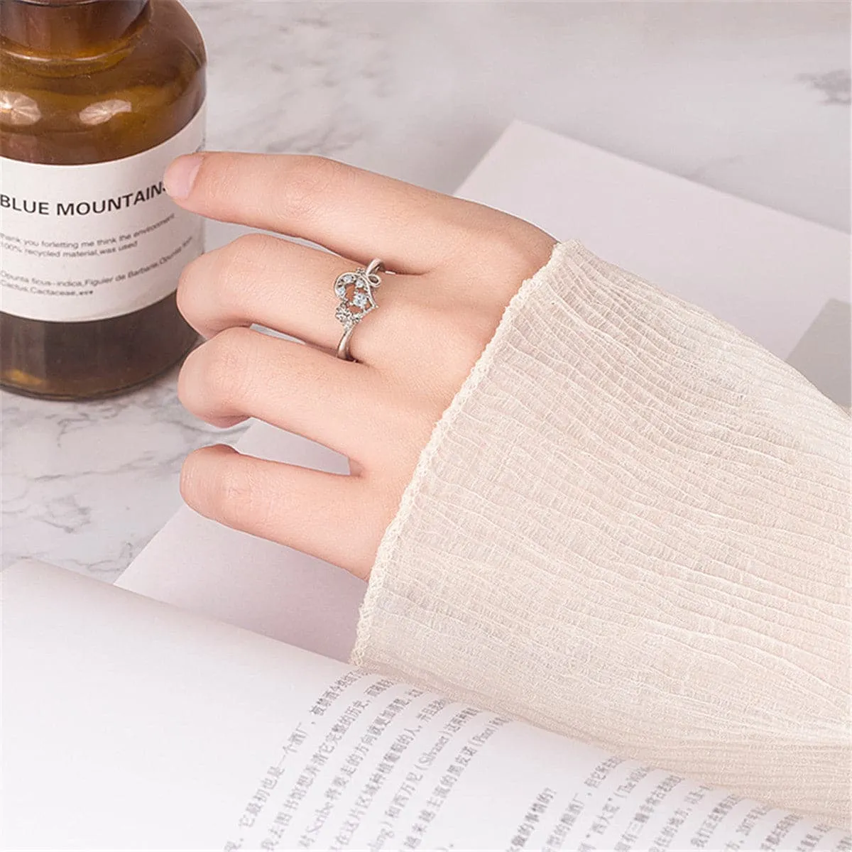Cubic Zirconia & 18K Rose Gold-Plated Heart Adjustable Ring