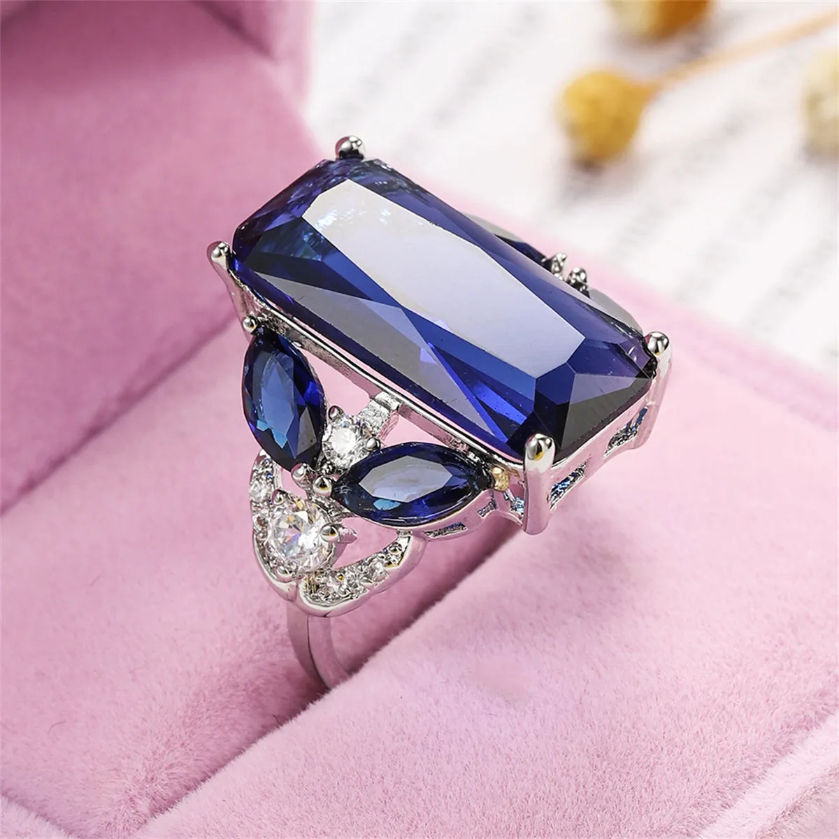 Cubic Zirconia & Blue Crystal Rectangle Ring
