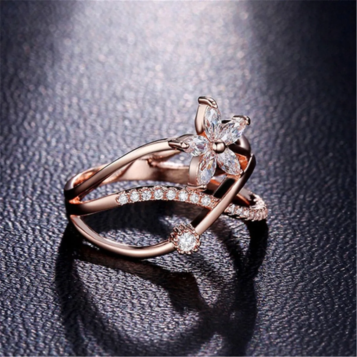 Cubic Zirconia & Crystal 18K Rose Gold-Plated Floral Ring